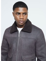 River Island Brown Gray Light Shearling Western Jacket - Image 5 of 8
