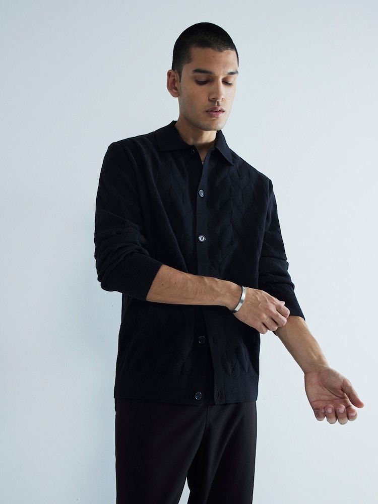 River Island Black Long Sleeve Chevron 100% Cotton Knitted Shirt - Image 2 of 4
