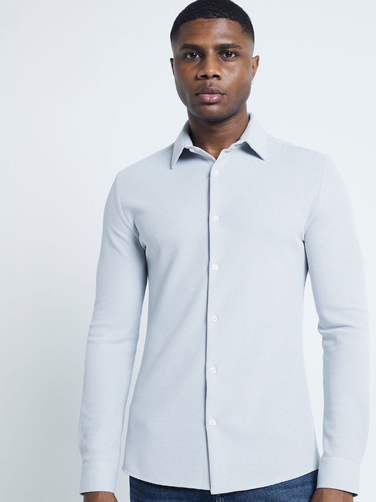 River Island Grey Texture Waffle Marl 100% Cotton Jersey Shirt - Image 1 of 6 River Island Grey Texture Waffle Marl 100% Cotton Jersey Shirt - Image 1 of 6