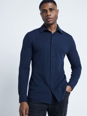 River Island Blue Texture Waffle Marl Jersey 100% Cotton Shirt - Image 1 of 6