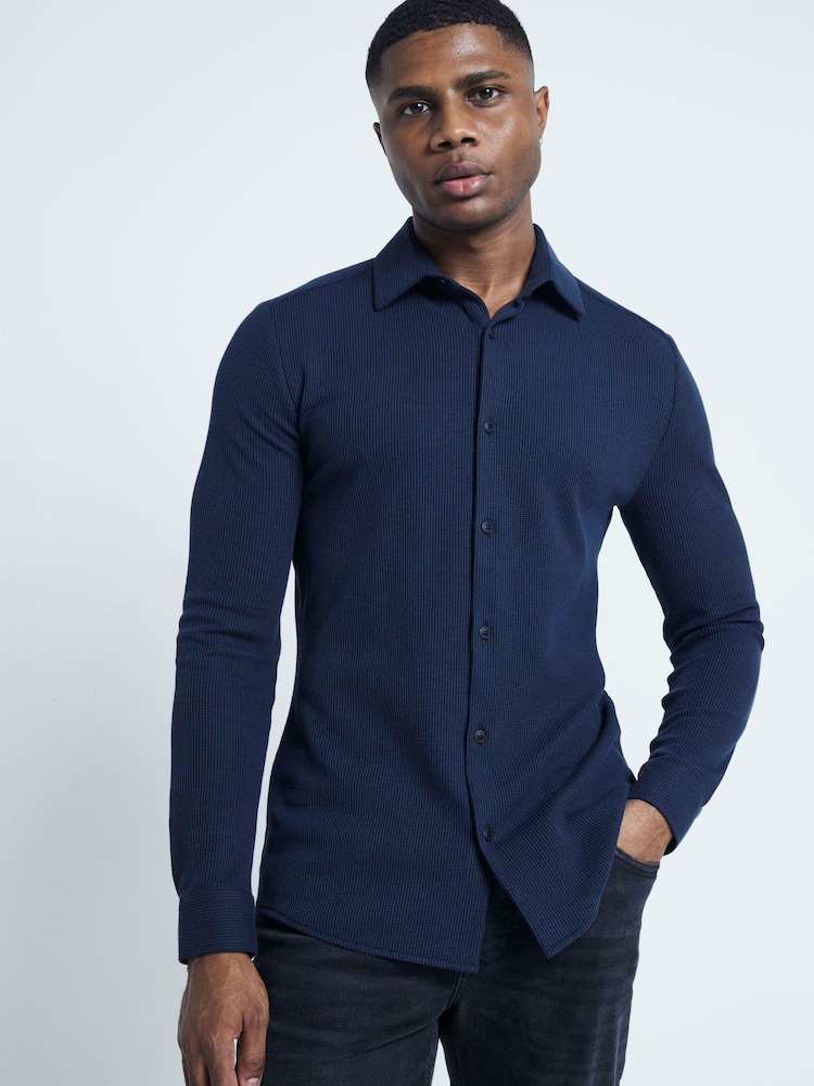 River Island Blue Texture Waffle Marl Jersey 100% Cotton Shirt - Image 1 of 6 River Island Blue Texture Waffle Marl Jersey 100% Cotton Shirt - Image 1 of 6