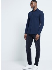 River Island Blue Texture Waffle Marl Jersey 100% Cotton Shirt - Image 3 of 6