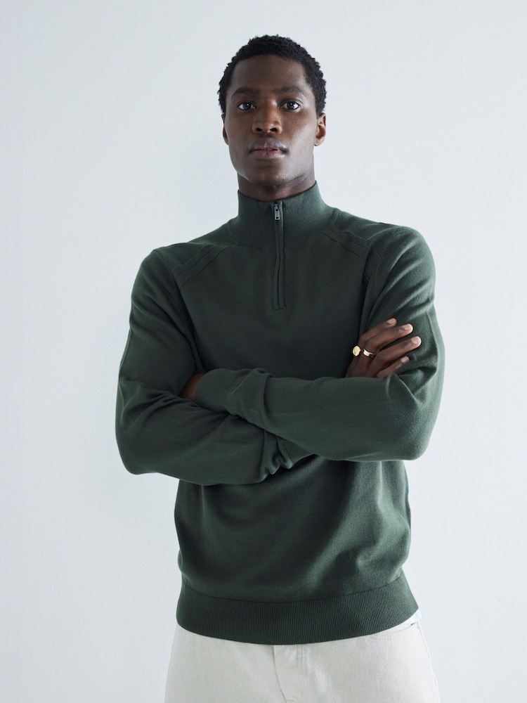 River Island Green Slim Fit Viscose Quarter Zip Jumper - Image 1 of 6