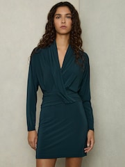 Reiss Teal Callie Draped-Front Jersey Mini Dress - Image 6 of 7