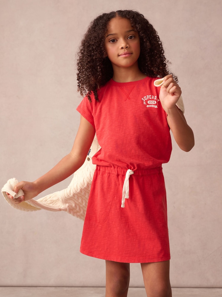 Superdry Red Crack Printed 100% Organic Cotton Dress - Image 1 of 12