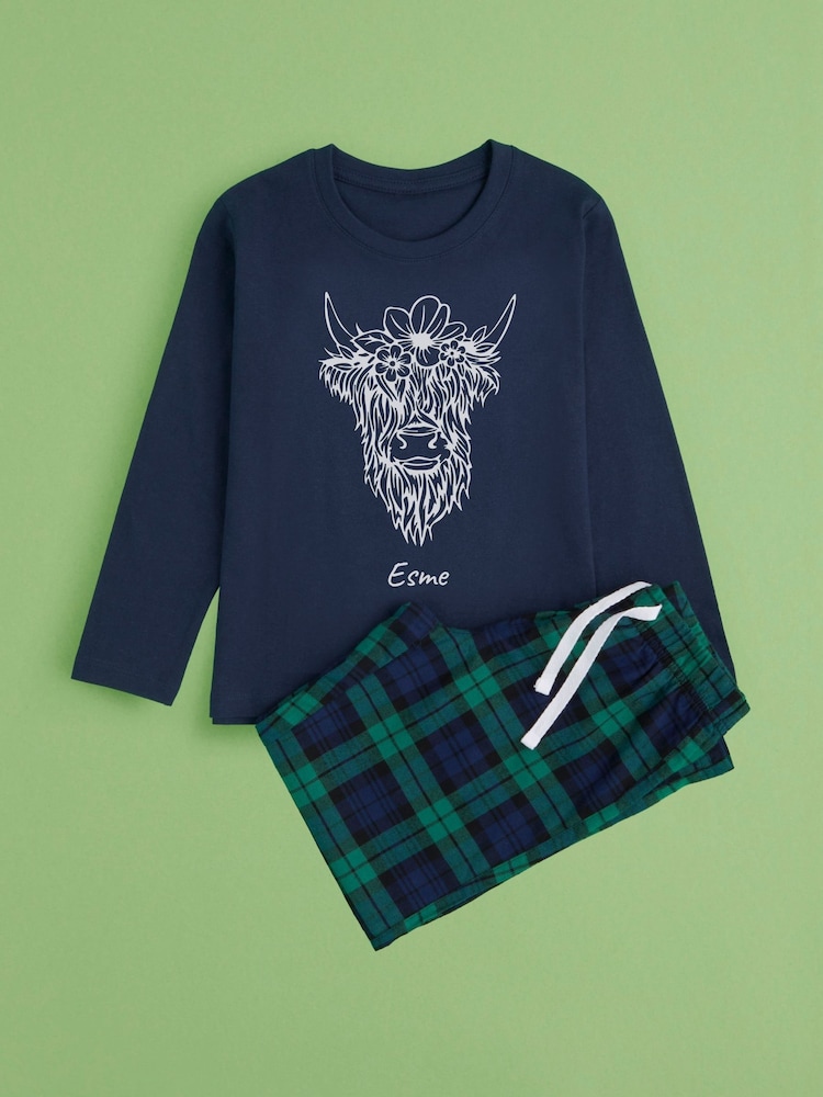 Personalised Girls Highland Cow 100% Cotton Pyjamas by Stitch Style - Image 1 of 9