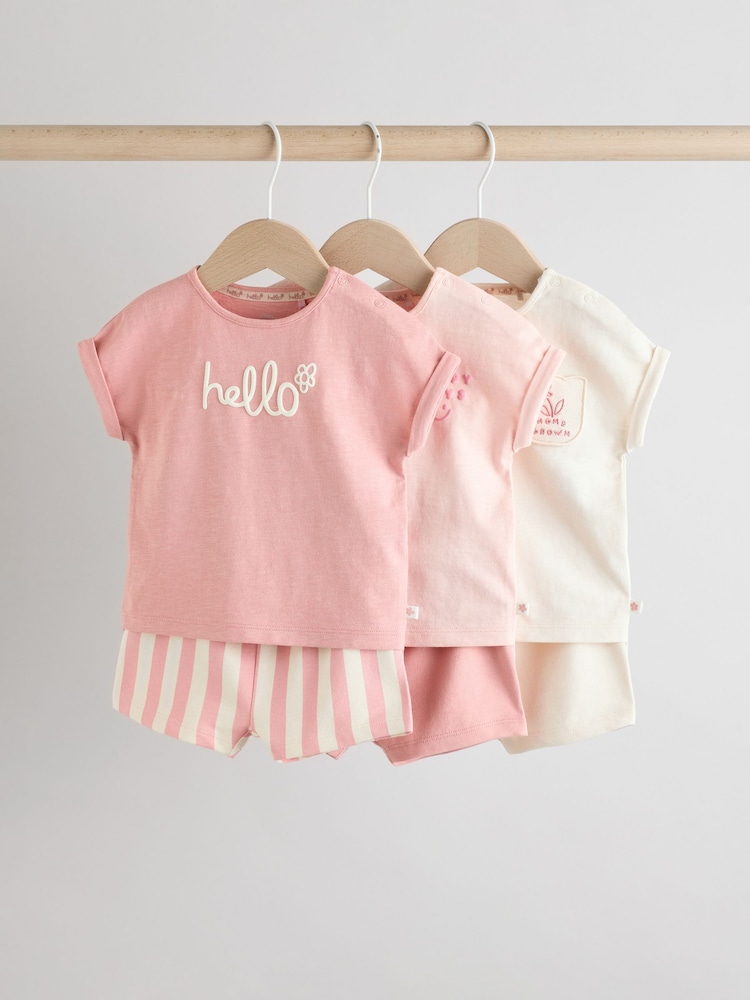 Pink/White Stripe Baby Short Sleeve T-Shirt and Shorts Set 6 Piece - Image 1 of 13