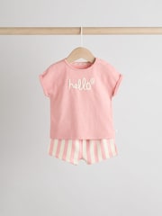 Pink/White Stripe Baby Short Sleeve T-Shirt and Shorts Set 6 Piece - Image 3 of 13