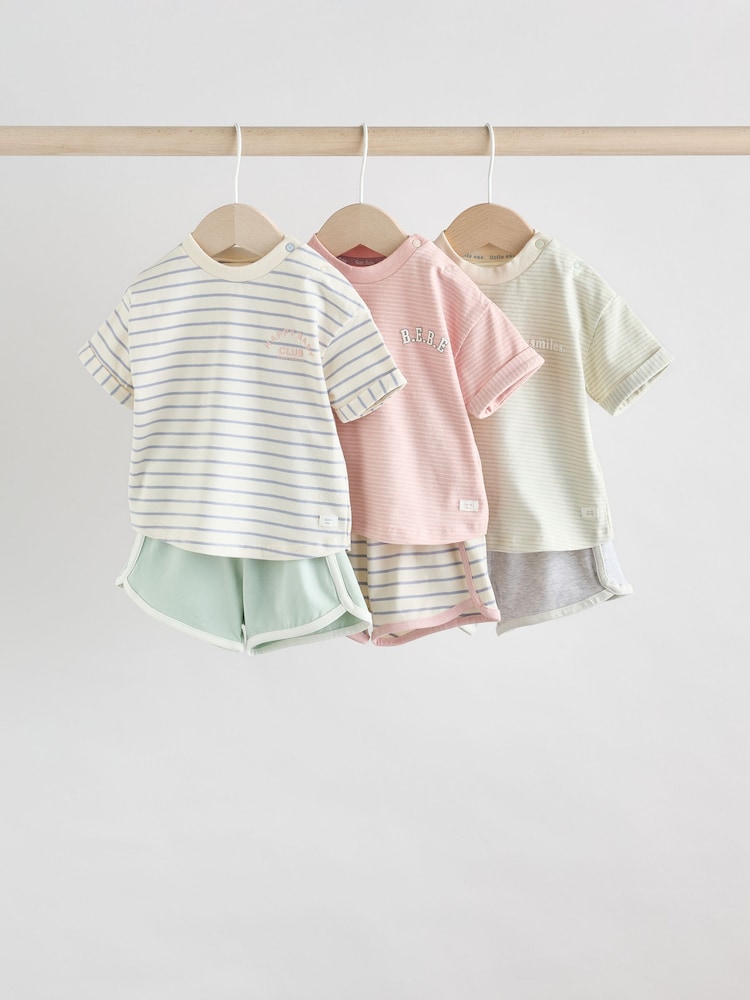 Pink and Grey Stripe Baby Short Sleeve T-Shirt and Shorts Set 6 Piece - Image 1 of 17