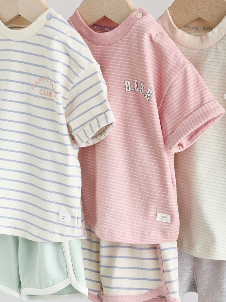 Pink and Grey Stripe Baby Short Sleeve T-Shirt and Shorts Set 6 Piece - Image 13 of 17