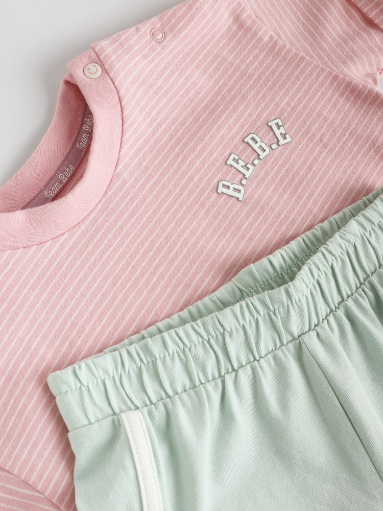 Pink and Grey Stripe Baby Short Sleeve T-Shirt and Shorts Set 6 Piece - Image 15 of 17