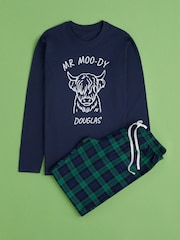 Personalised Mens "MR MOO-DY" Highland Cow 100% Cotton Pyjamas by Stitch Style - Image 1 of 9