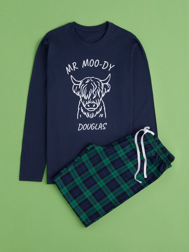 Personalised Mens "MR MOO-DY" Highland Cow 100% Cotton Pyjamas by Stitch Style - Image 1 of 9