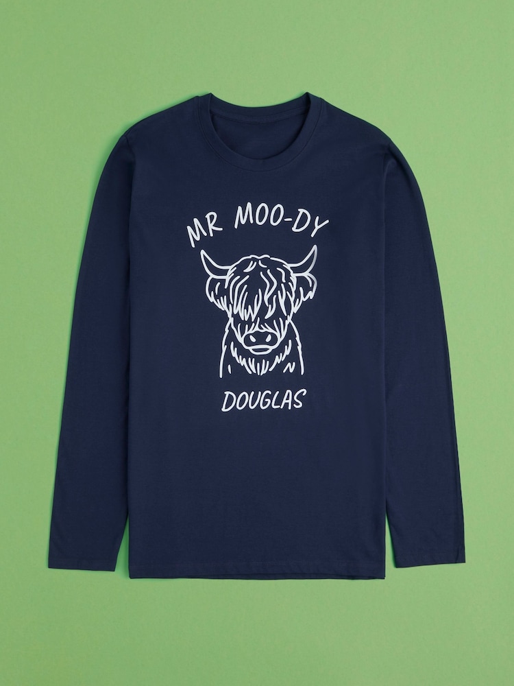 Personalised Mens "MR MOO-DY" Highland Cow 100% Cotton Pyjamas by Stitch Style - Image 2 of 9