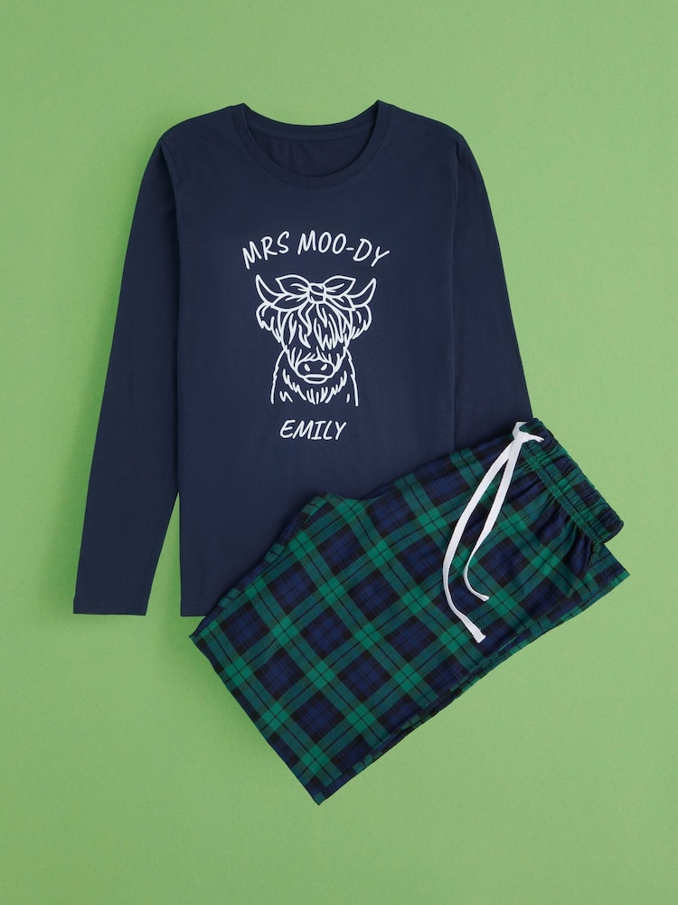 Personalised Womens "MRS MOO-DY" Highland Cow 100% Cotton Pyjamas by Stitch Style - Image 1 of 9