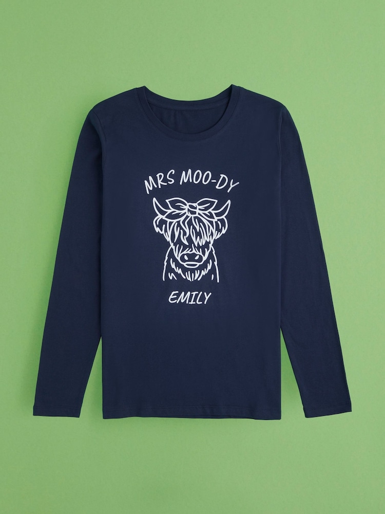 Personalised Womens "MRS MOO-DY" Highland Cow 100% Cotton Pyjamas by Stitch Style - Image 2 of 9