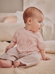 White/ Pink Bunny Stripe Baby 100% Cotton T-Shirt and Wide Leg Trousers Set 2 Piece - Image 1 of 13