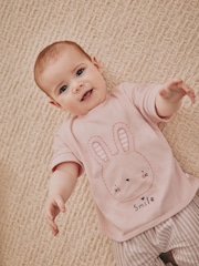 White/ Pink Bunny Stripe Baby 100% Cotton T-Shirt and Wide Leg Trousers Set 2 Piece - Image 2 of 13