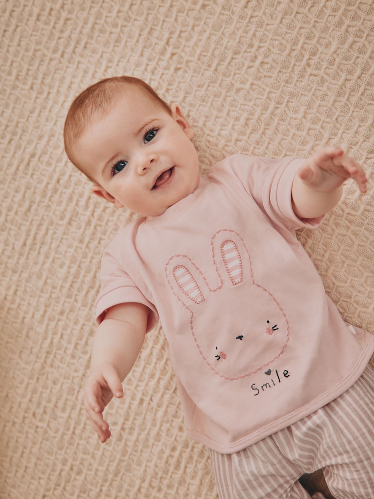 White/ Pink Bunny Stripe Baby 100% Cotton T-Shirt and Wide Leg Trousers Set 2 Piece - Image 2 of 13