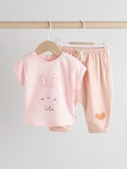 White/ Pink Bunny Stripe Baby 100% Cotton T-Shirt and Wide Leg Trousers Set 2 Piece - Image 4 of 13