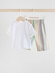 White and Multi Stripe 100% Cotton T-Shirt and Wide Leg Trousers Set 2 Piece - Image 4 of 10