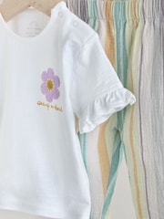 White and Multi Stripe 100% Cotton T-Shirt and Wide Leg Trousers Set 2 Piece - Image 7 of 10