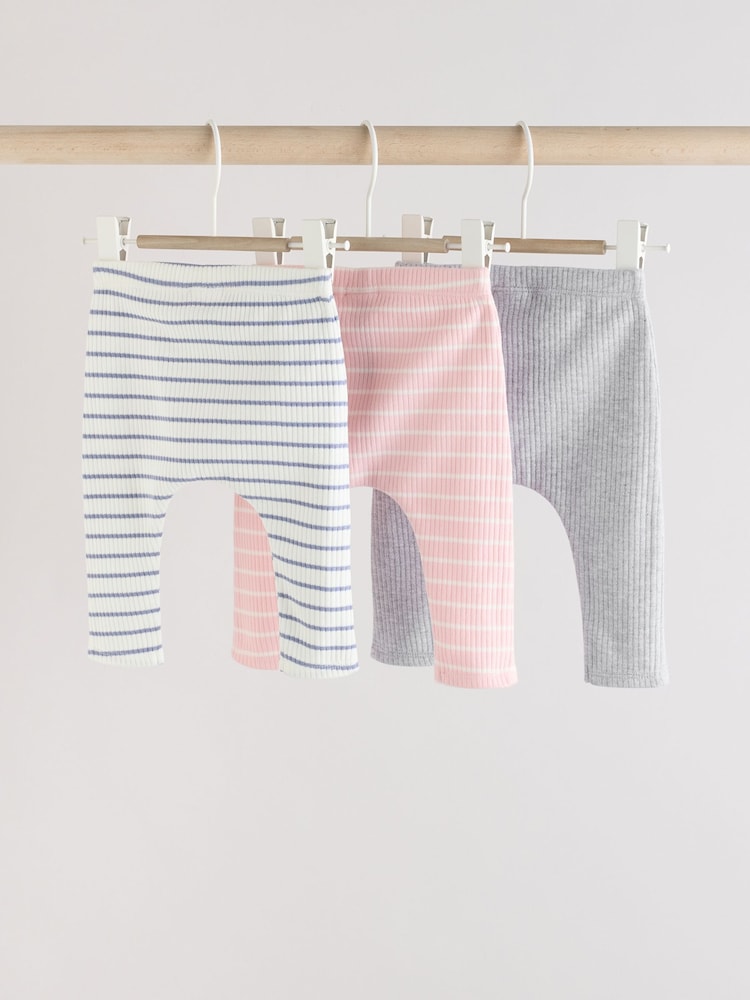 Pink and Grey Stripe 100% Cotton Baby Leggings 3 Pack - Image 2 of 11