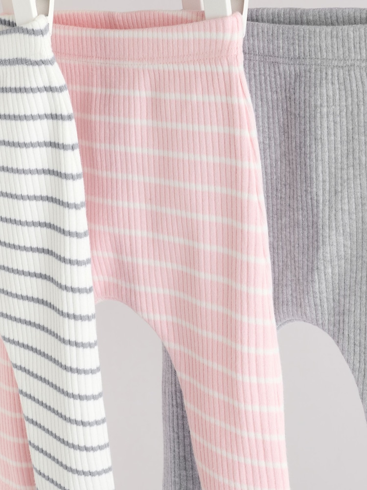 Rose et Gris Rayé - 100% Coton Bébé Leggings 3 Paquet - Image 7 of 11