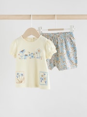 Ecru and Blue Floral Baby - Комплект из 2 предметов (футболка и шорты с пышными рукавами) - Image 1 of 12