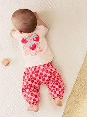 Red/Pink Strawberry/ Hearts - Strawberry & Hearts Baby Short Sleeve Top and Trousers Set - Image 1 of 7