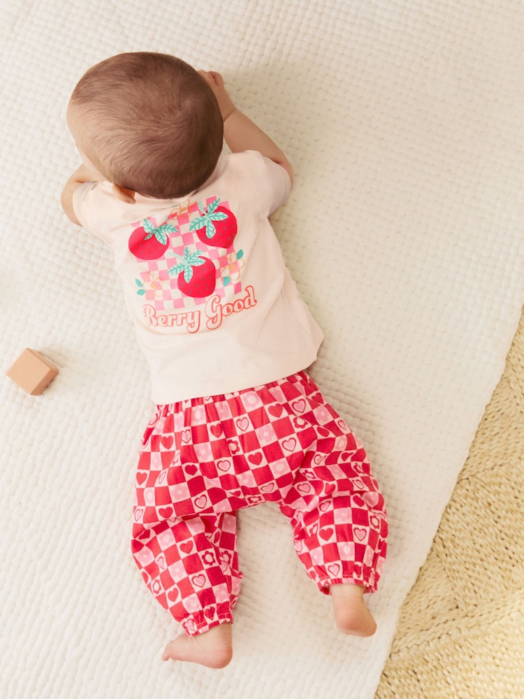 Red/Pink Strawberry/ Hearts - Strawberry & Hearts Baby Short Sleeve Top and Trousers Set - Image 1 of 7