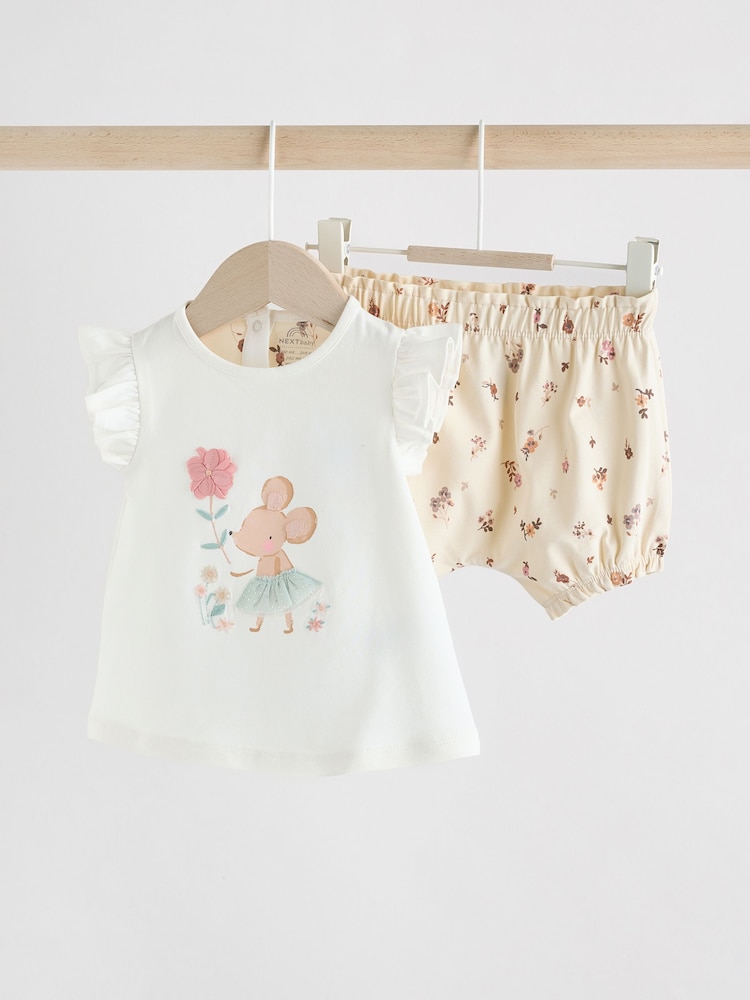 White/Cream Mouse Short Sleeve Baby Top & Shorts Set 2 Piece - Image 1 of 11
