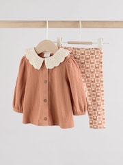 Rust and White Frill Collar Top and Printed Leggings 2 Piece Set - Image 1 of 16