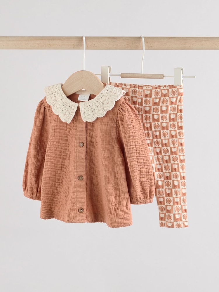 Rust and White Frill Collar Top and Printed Leggings 2 Piece Set - Image 1 of 16