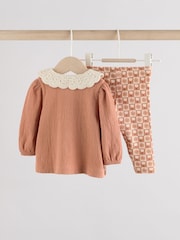 Rust and White Frill Collar Top and Printed Leggings 2 Piece Set - Image 6 of 16