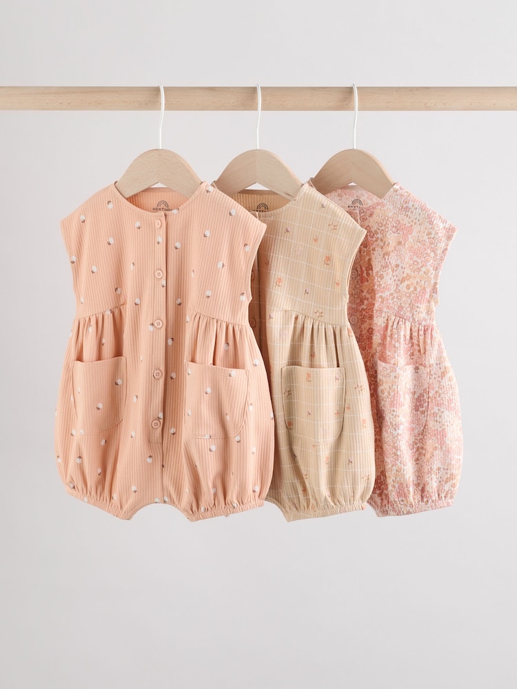 Caramel And Ecru Floral Baby Rompers 3 Pack - Image 1 of 10