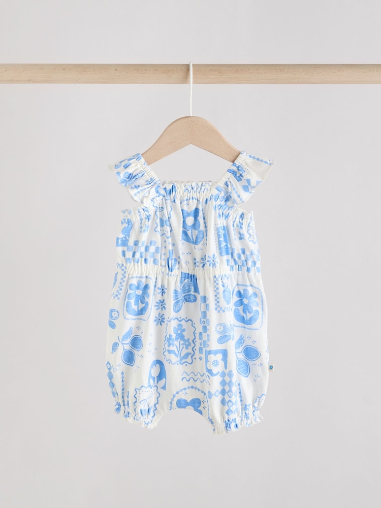 Blue Floral Print 100% Cotton Baby Rompers 2 Pack - Image 3 of 10