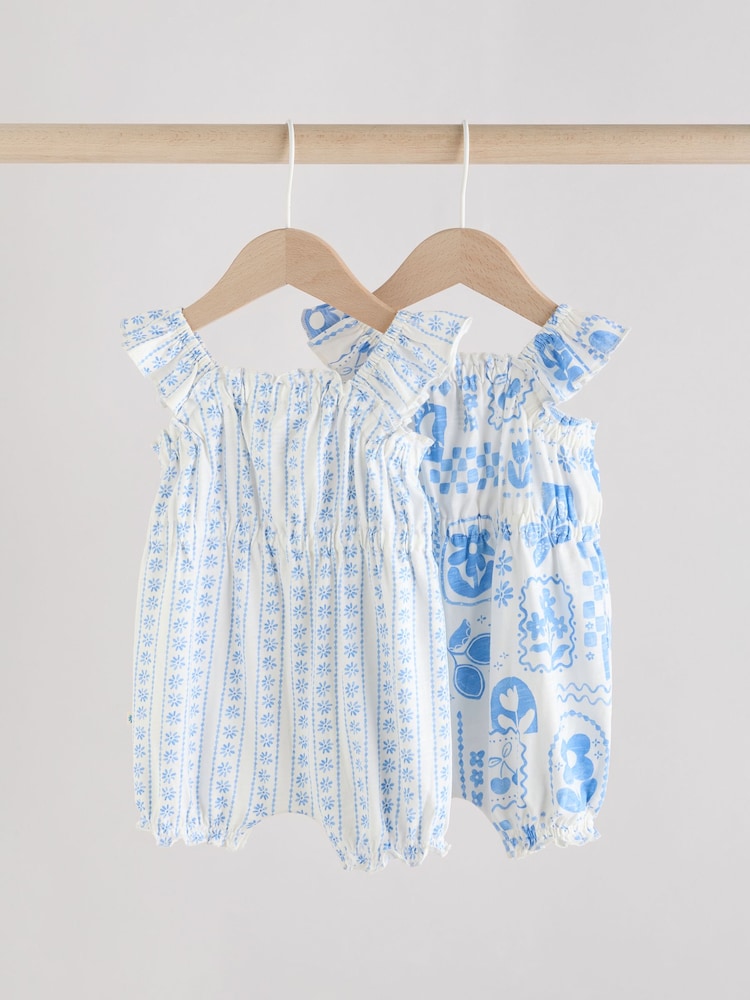 Blue Floral Print 100% Cotton Baby Rompers 2 Pack - Image 4 of 10