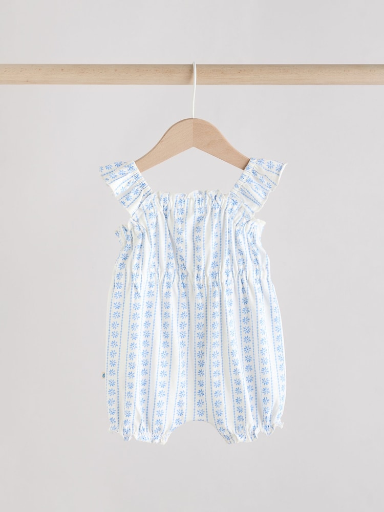 Blue Floral Print 100% Cotton Baby Rompers 2 Pack - Image 5 of 10