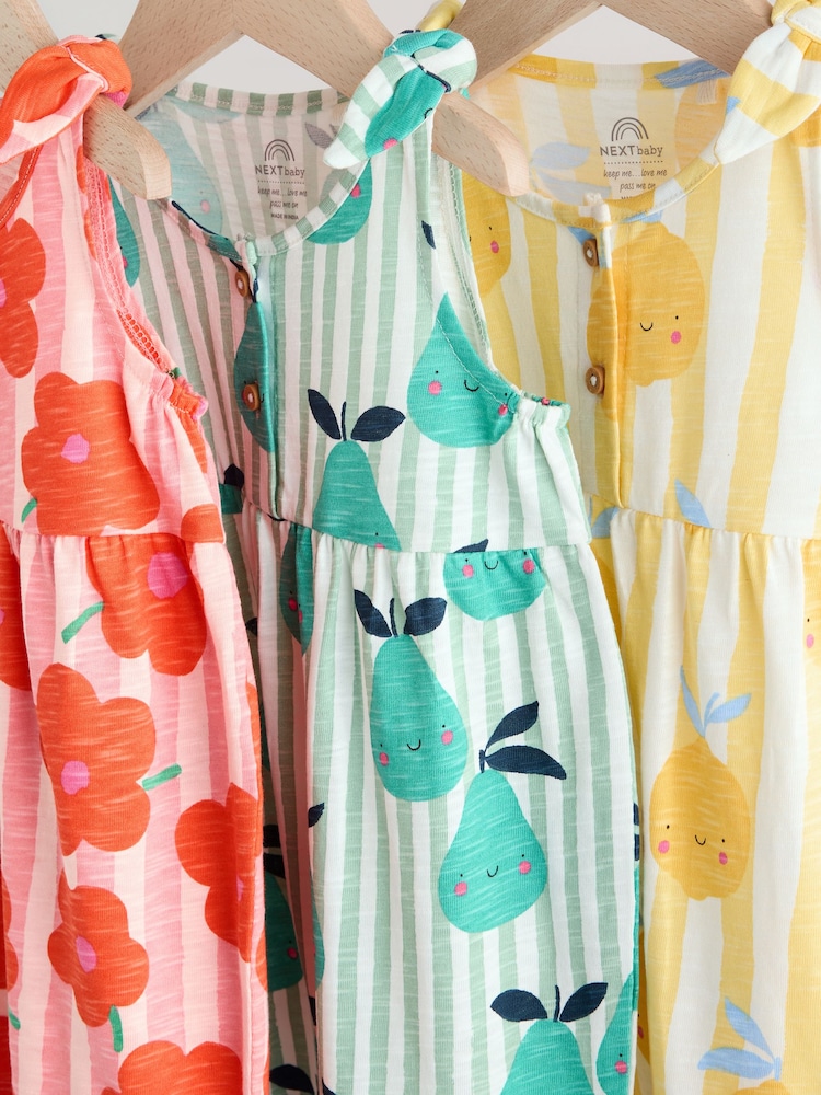 Multicolour Fruit Printed 100% Cotton Baby Jersey Rompers 3 Pack - Image 7 of 11