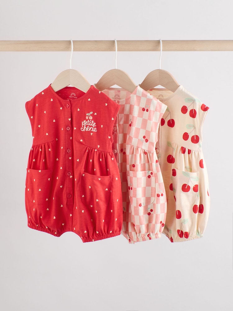 Red and Ecru Cherry Baby Rompers 3 Pack - Image 1 of 12