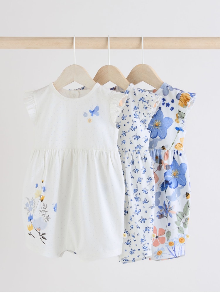 Blue Floral Baby Printed Rompers 3 Pack - Image 1 of 10
