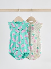 Green/Pink Baby Fruit Printed Frill 100% Cotton Rompers 2 Pack - Image 1 of 10