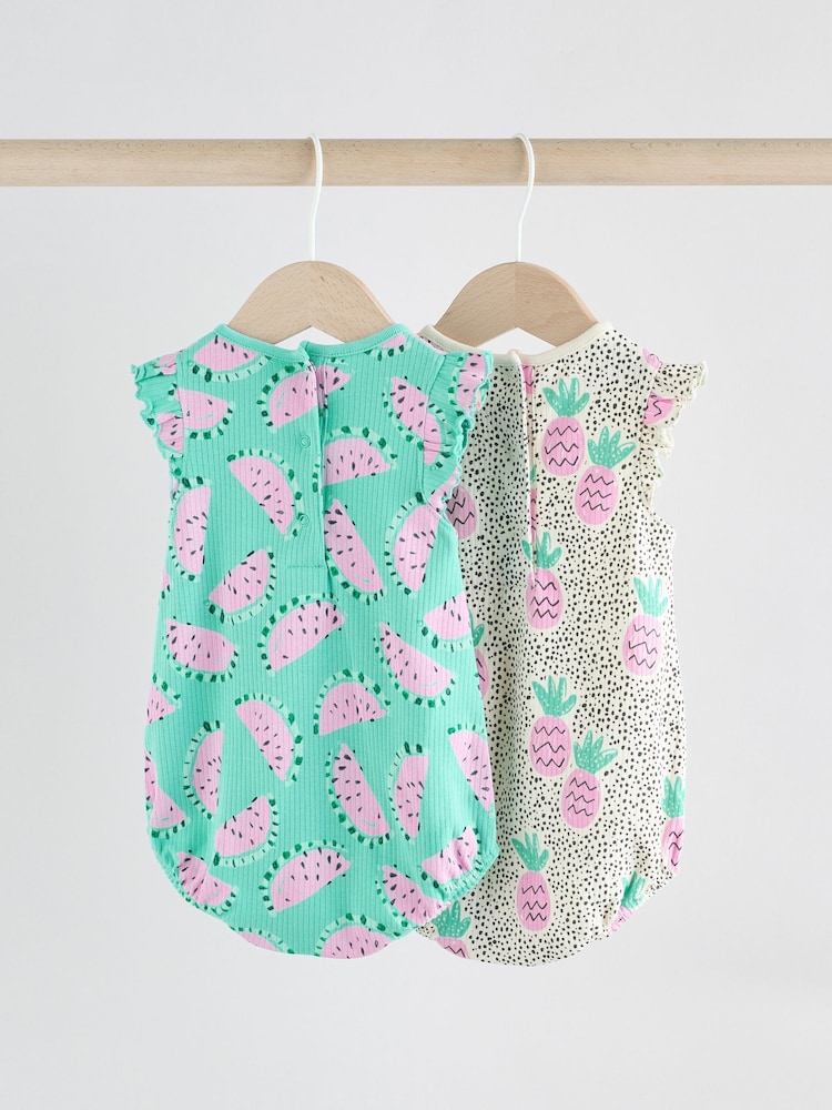 Green/Pink Baby Fruit Printed Frill 100% Cotton Rompers 2 Pack - Image 2 of 10