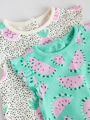 Green/Pink Baby Fruit Printed Frill 100% Cotton Rompers 2 Pack - Image 7 of 10