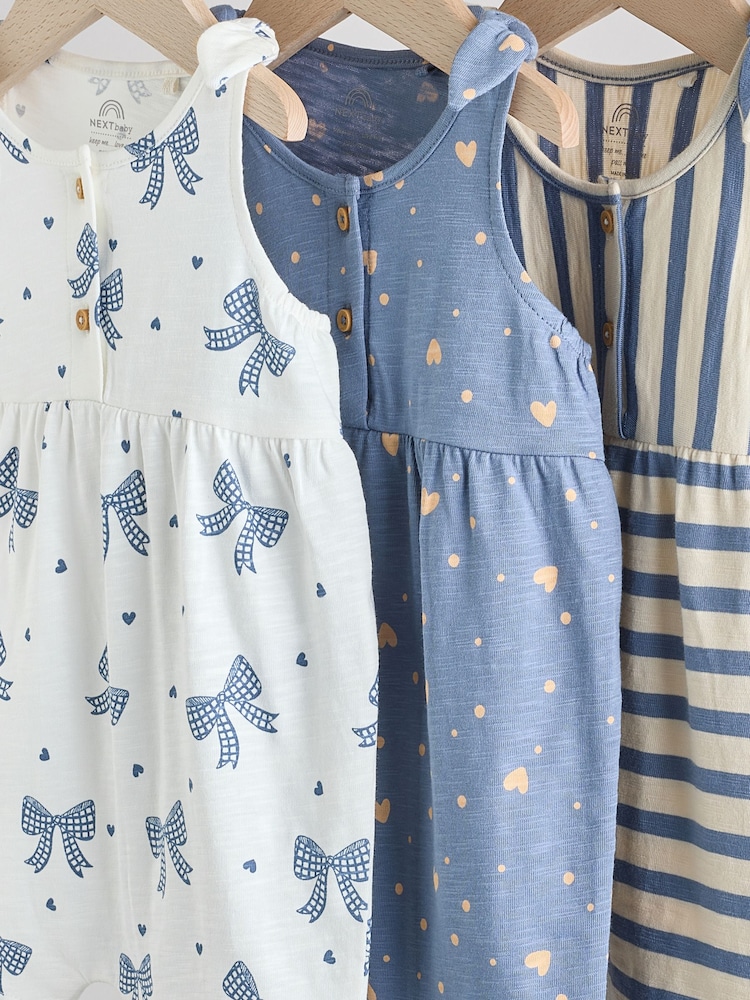 Navy Stripe and Bow Printed 100% Cotton Baby Jersey Rompers 3 Pack - Image 7 of 11