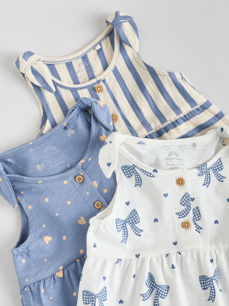 Navy Stripe and Bow Printed 100% Cotton Baby Jersey Rompers 3 Pack - Image 8 of 11