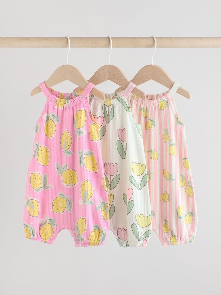 Rosa und weißer Früchteprint - Baby-Strampler mit Trägern, 3er-Pack - Bild 1 von 11