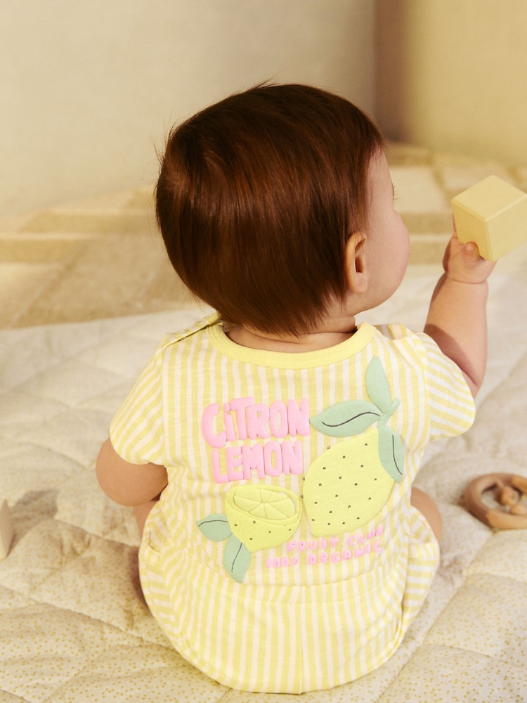Gelbe Streifen-Zitrone - Baby-Strampler aus Jersey, Früchte - Bild 1 von 7 Gelbe Streifen-Zitrone - Baby-Strampler aus Jersey, Früchte - Bild 1 von 7