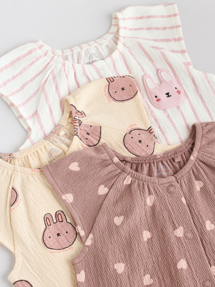 Bunny Mocha Printed Embroidered Baby 3 Pack Rompers - Image 9 of 10